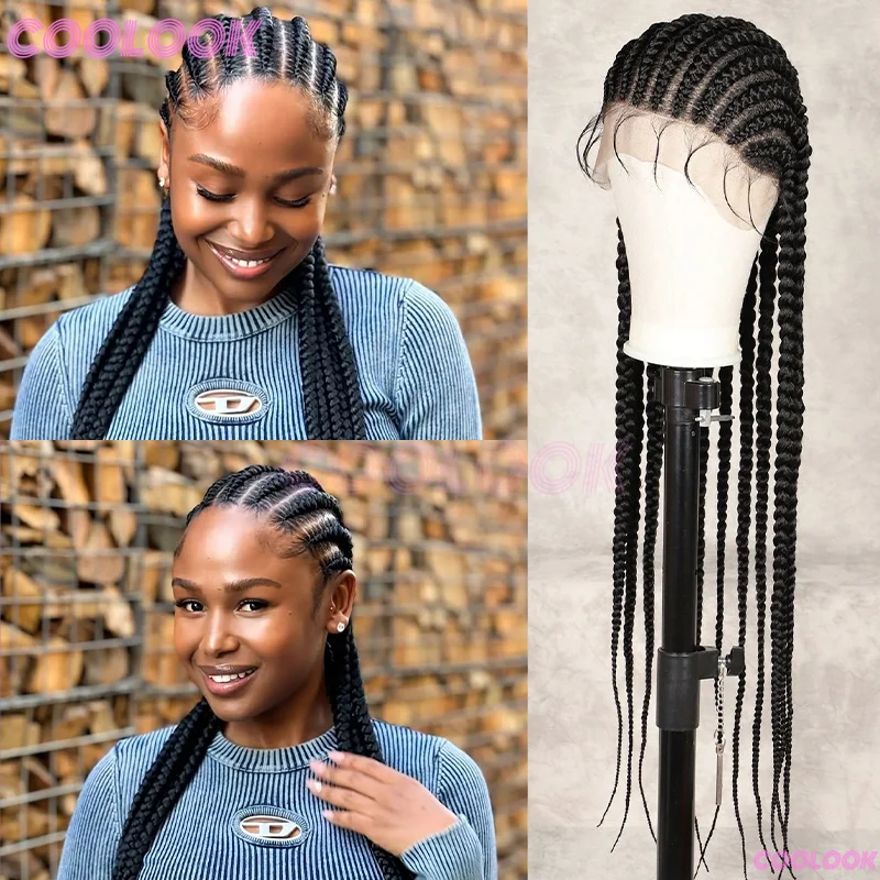 36 "360 كامل الرباط الباروكات للنساء السود شعر مستعار اصطناعي كورنو الضفائر الدانتيل الباروكات شعر مستعار أسود الأفريقي