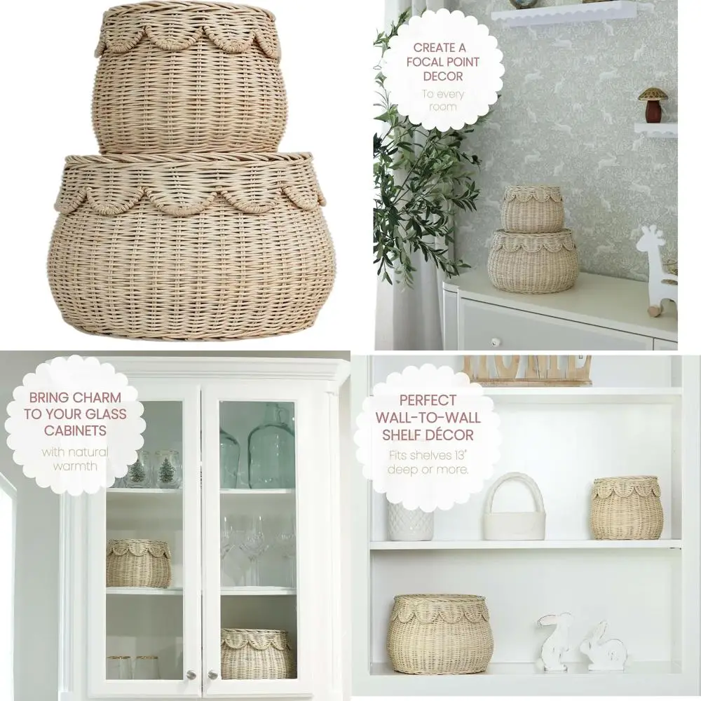 

Набор из 2-х корзин для хранения из натурального ротанга с крышками - круглые, ручной работы, в стиле бохо, для декора дома и подарков.