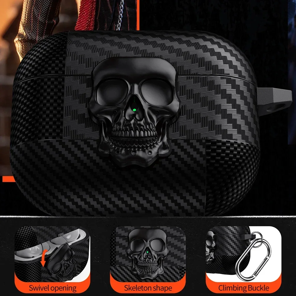 Unique Skull Rotating Lock Design Carbon Fiber Texture Earphone Case For Apple AirPods Pro 4 3 2 Headphone Cover With Carabiner view 2