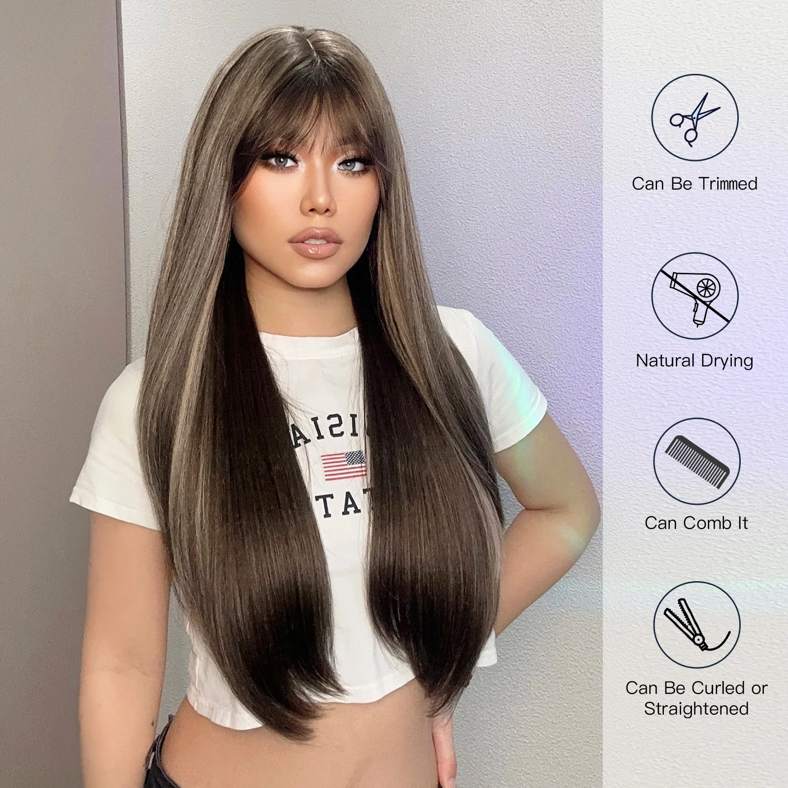 ALAN EATON Long Brown Highlight Wigs Synthetic Straight Hair with Bangs for White Women Heat Resistant Natural Daily Wig Party