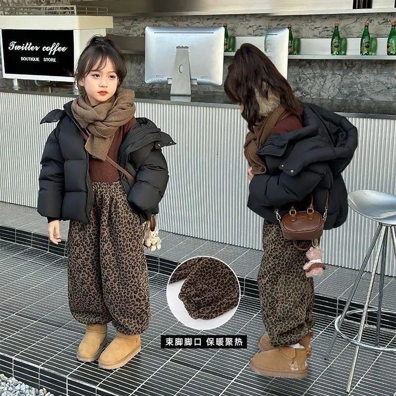 Kawaii Casual Coat Tops Fashion Children S Clothing Girls Winter Fleece Lined Thick Pants Children Leopard Print One Piece