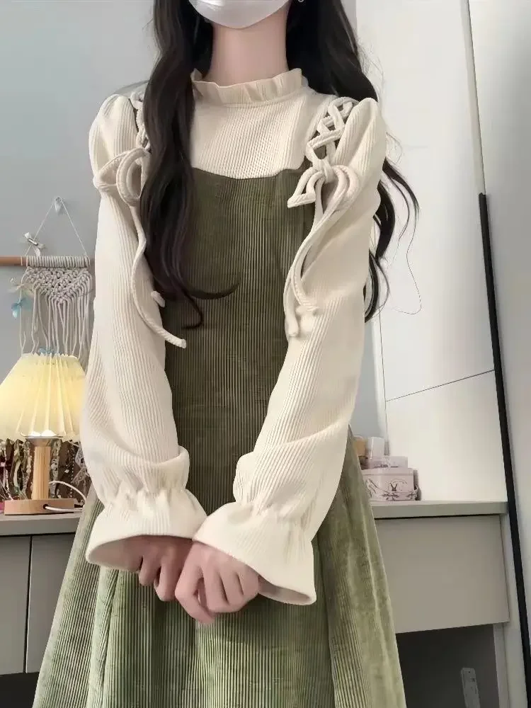 

Women's 2026 New Autumn Korean Style Long Sleeve Base Shirt Tops Waist Cinching Slim Effect Shoulder Strap Dresses Two-piece Set