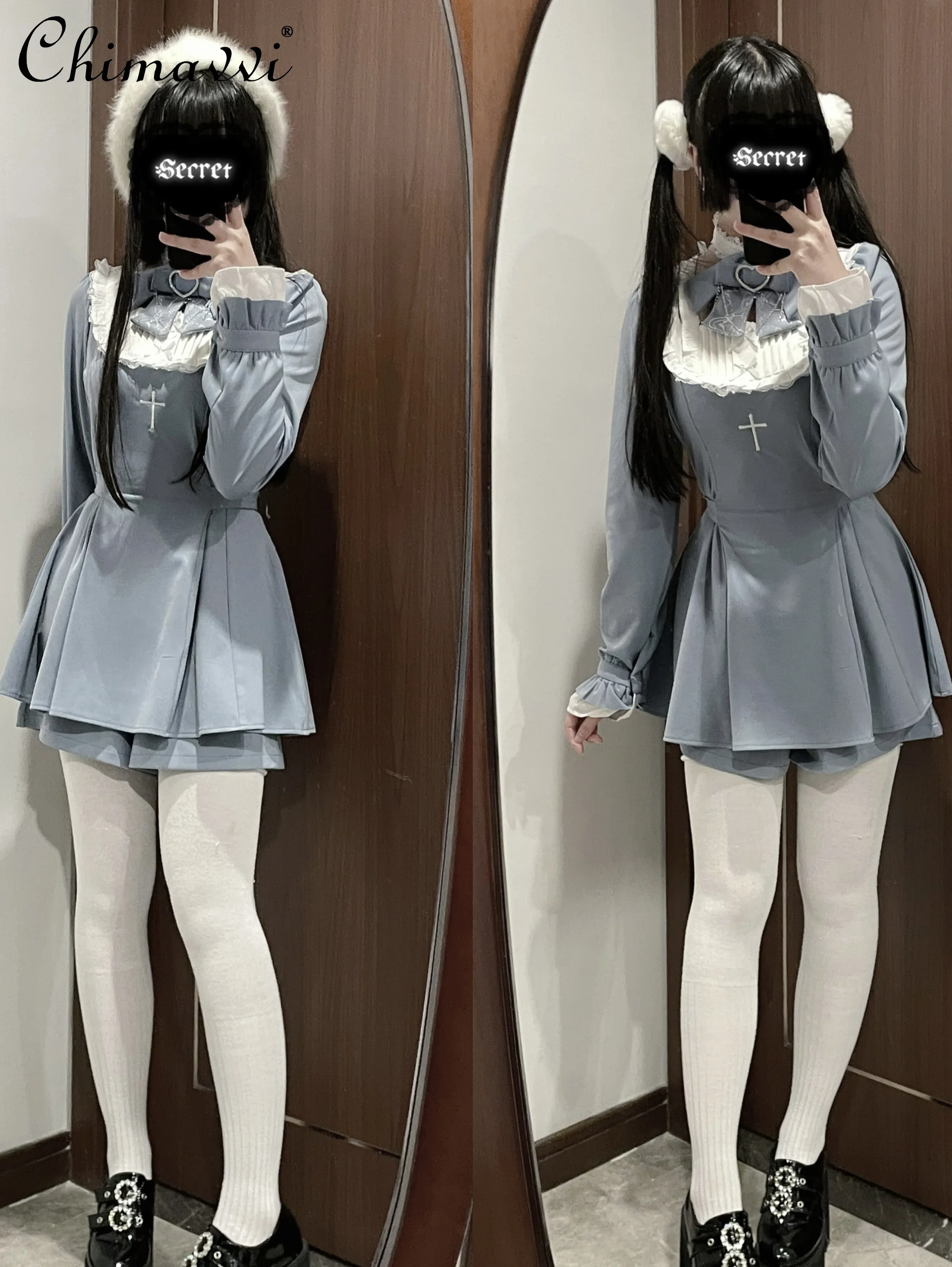 Japanische Mine Spitze lang ärmel ige Stickerei Taille Spleißen Massen produktion kurze Sets süße Mädchen Kleid Shorts Lolita zweiteiliges Set