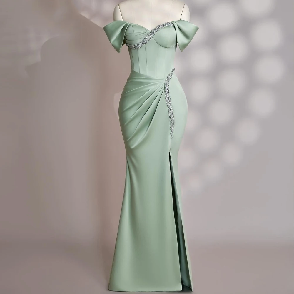 Elegante feminino sereia vestidos de noite fora do ombro frisado robe de soirée personalizado fenda lateral vestidos de baile para mujer