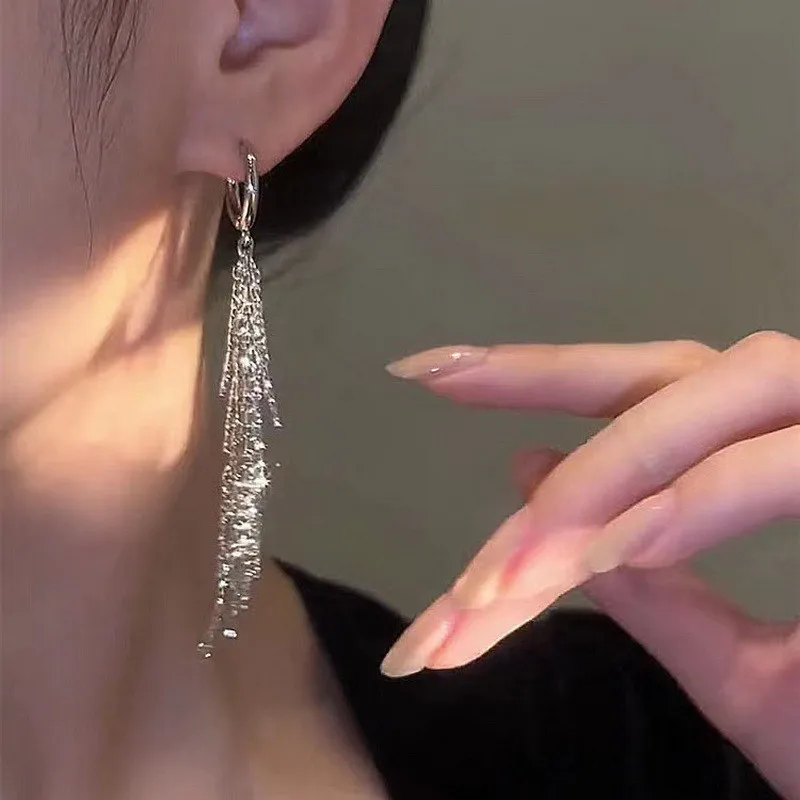 Glänzende lange Quasten-Glitzer-Tropfenohrringe für Damen, modische lange Kette, baumelnde Ohrringe, Hochzeit, Party, Schmuck, Geschenke – Detail 16