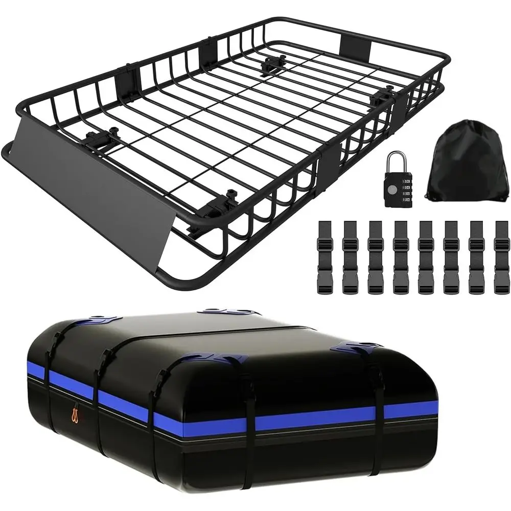 250LBS Unil Roo Rack Basket, 64"x39"x6" Rootop Cargo Carrier Rack + Waterproo Cargo Bag 15 Cueet(43"x34"x17")