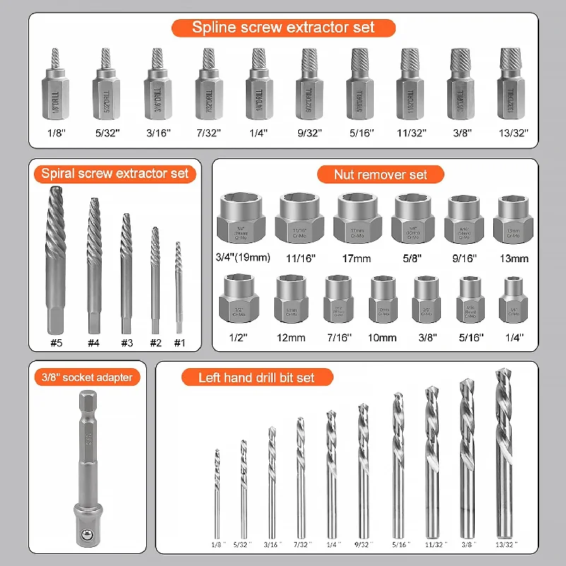 15/28/40Pcs Professional Ruptured Bolt Extractor Set for Stuck Nut and Bolts Removal with High Strength Alloy Steel Construction