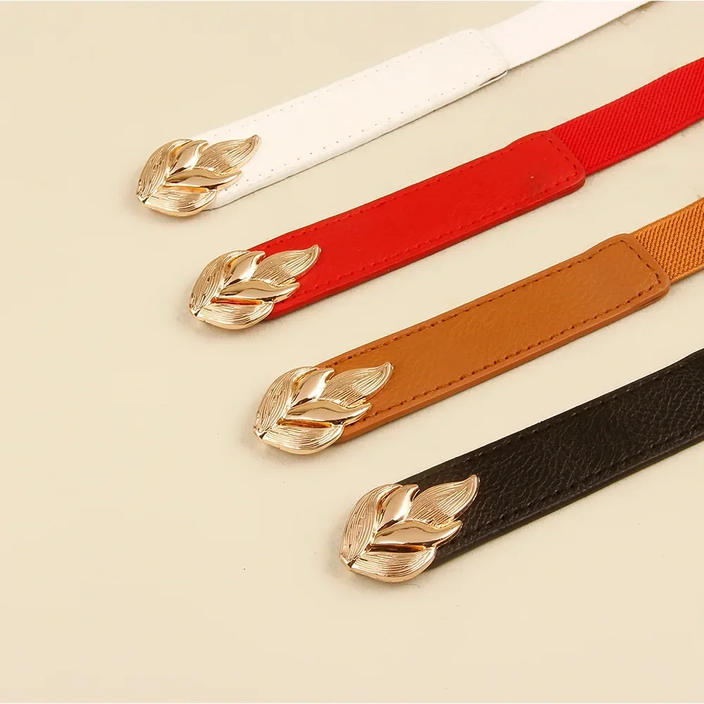 Fashion Gold Leaf Thin Belt Stretch Dress Women Fashion Waist Belt Thin Buckle Waistband for Ladies Belt Decoration Narrow Belts