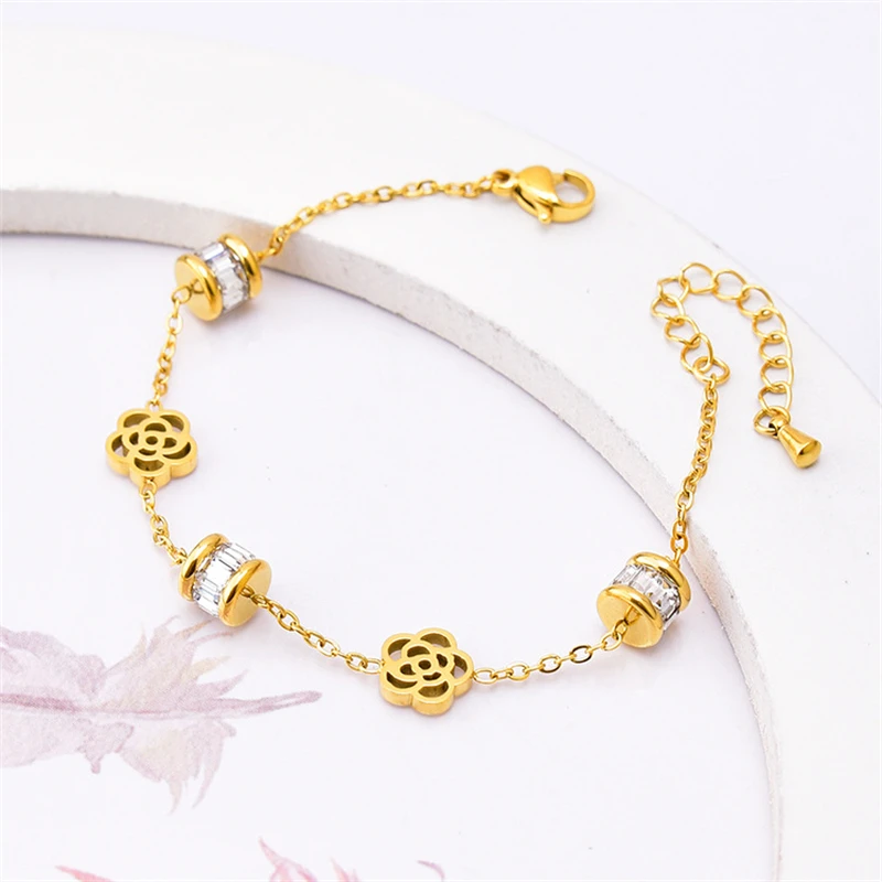 316L Stainless Steel New Fashion Fine Jewelry Zircon Good Luck Beads Welding Rose Flower Charm Chain Bracelets For Women