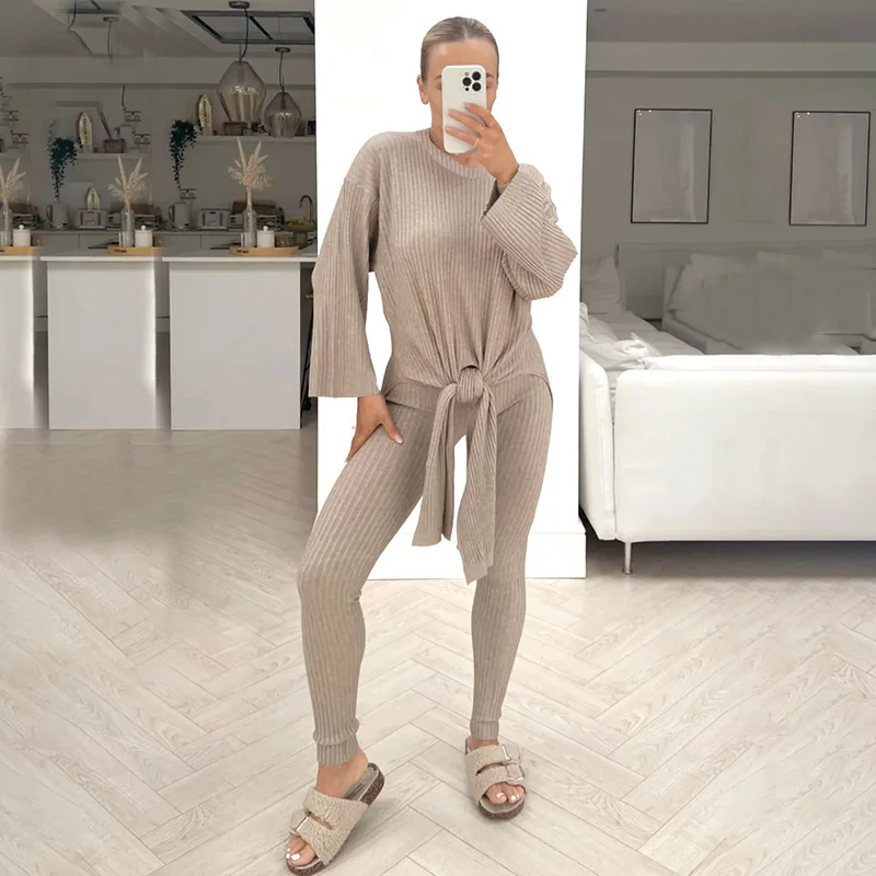 

Blifanbo Элегантный повседневный комплект с длинными брюками Женский топ в рубчик на шнуровке с длинным рукавом и круглым вырезом И тонкие длинные брюки Комплект из двух предметов Осень Новый