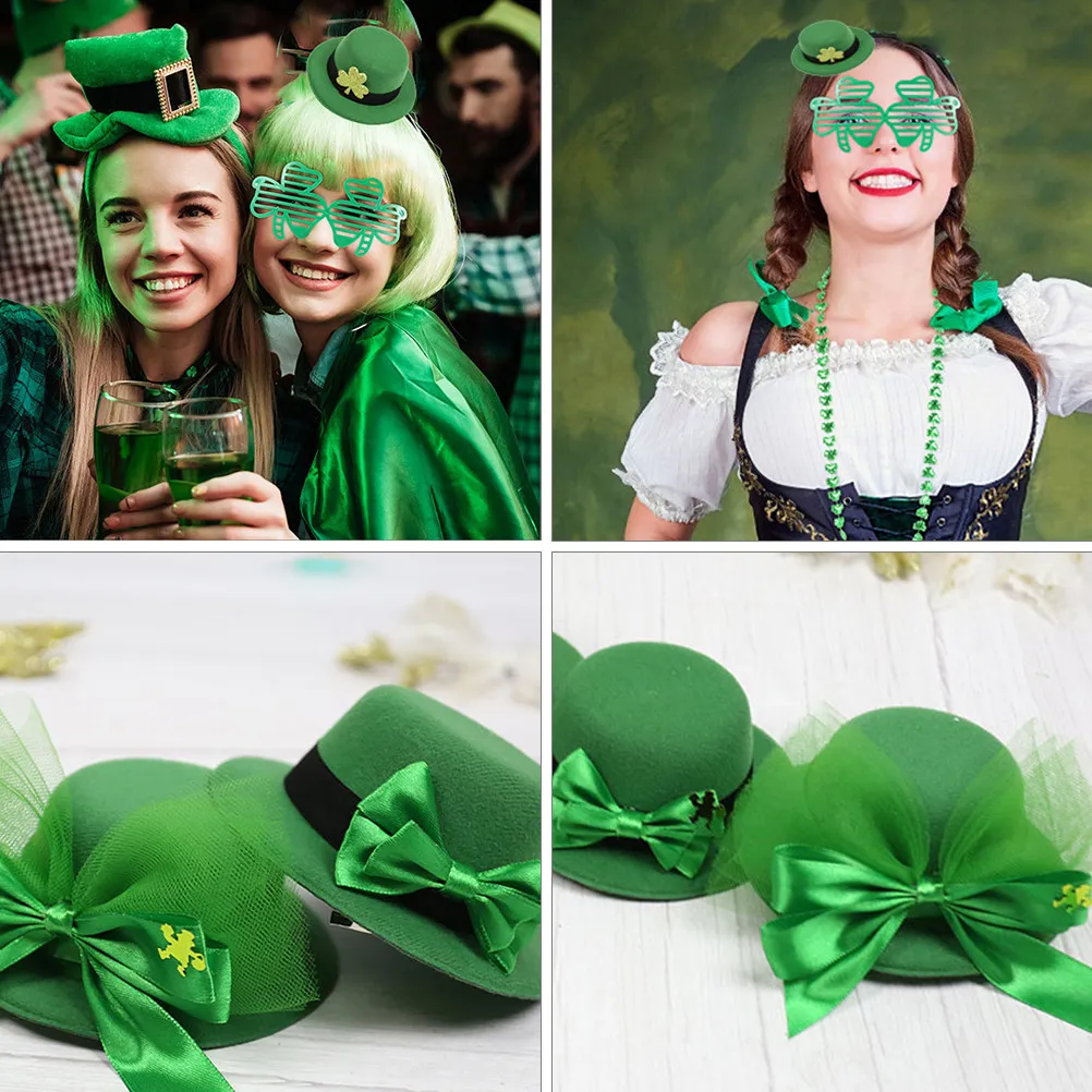 

6Pcs St Patricks Day Shamrock Hair Clips Green Bowknot Hat Hairpins Alligator Clips Festival Headdress Women Gift Party Photo