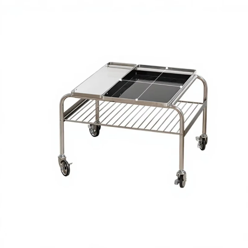 Double Tier Rolling Coffee Table Polished Stainless Steel Mesh Tray Lockable Caster Wheels Mobile Storage Trolley Table