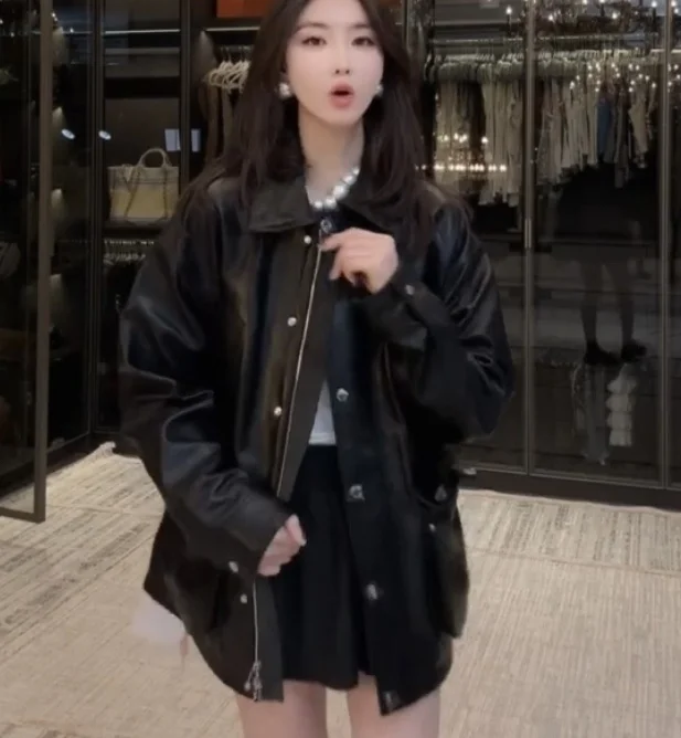 Chen Tai 2025 Wiosna Jesień Damski Długi Płaszcz ze Skóry Owczej Luźny Wyszczuplający Płaszcz Wierzchni Bla Prawdziwa Skóra Naturalna