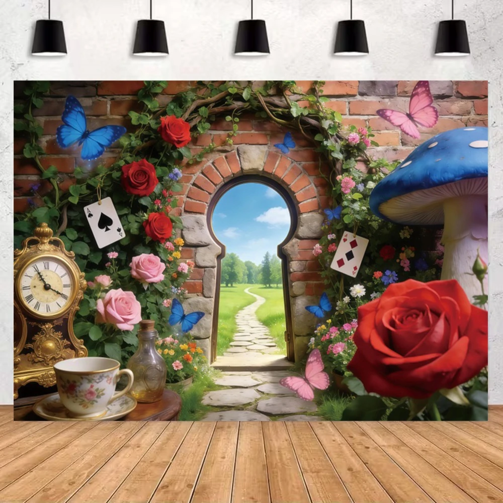 Wonderland Whimsical Photocall Background Girls Birthday Party Floral Arch White Fence Sunflowers Forest Cake Smash Backdrop