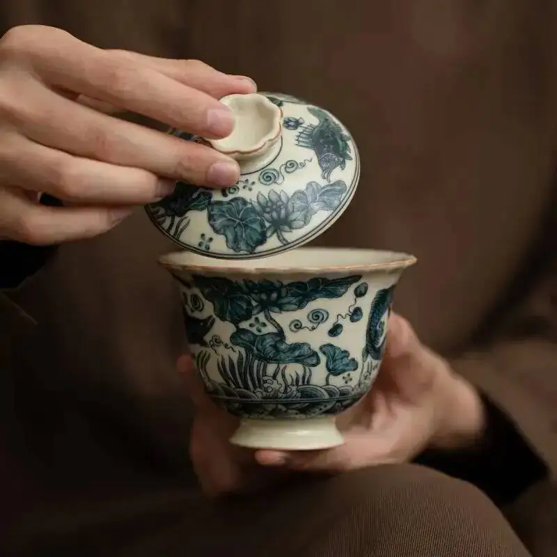 Ru Kiln Fish Algae Pattern Two-talent Gaiwan Handmade Ceramic National Style Kung Fu Tea Cup Single Tea Brewing Gaiwan