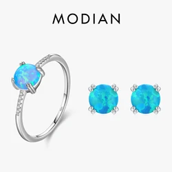 MODIAN Natural Opals Series Jewelry Set 925 Sterling Silver Luxury Finger Ring & Stud Earrings For Women Fine Jewelry Gift