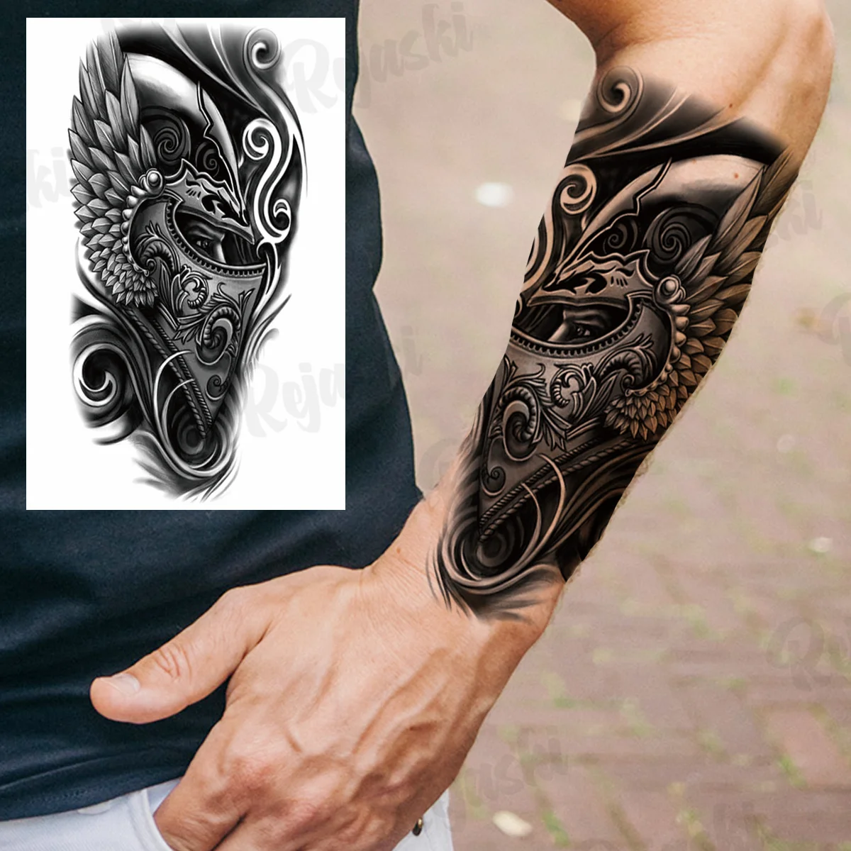 Black Pirate Ship Temporary Tattoos For Men Adults Realistic Scary Vampire Knight Wolf Fake Tattoo Sticker Arm Body Tatoos DIY