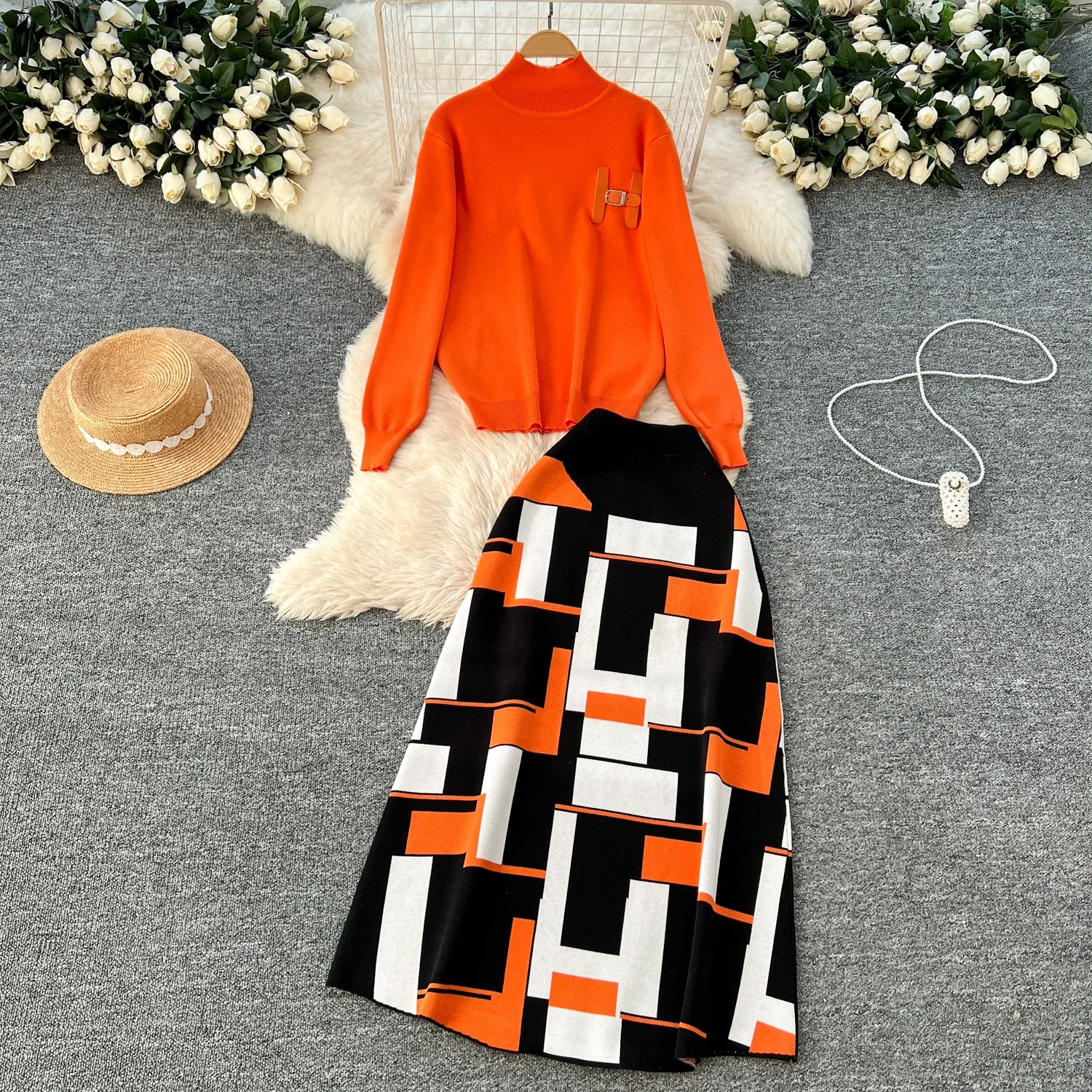 

Clothland Women Chic Sweater Skirt Suit Print Long Sleeve Pullover Midi Skirts European Style Two Piece Set TA542