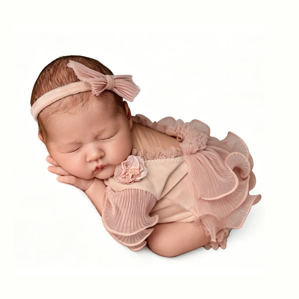 Newborn Photography Props Baby Girl Ruffle Sleeve Romper Flower Bodice Bow Headband Infant Photo Shoot Outfit Newborn Prop
