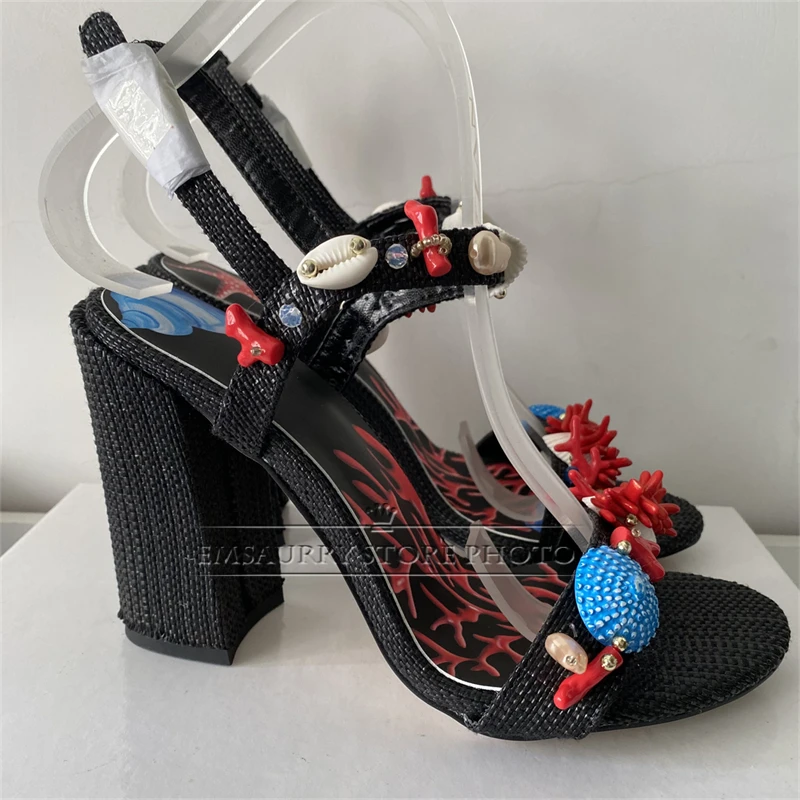 Exotic Style Shell Decor Ankle Strap Sandals Women Unique Seaweed Print Open Toe High Heel Holiday Summer Shoes