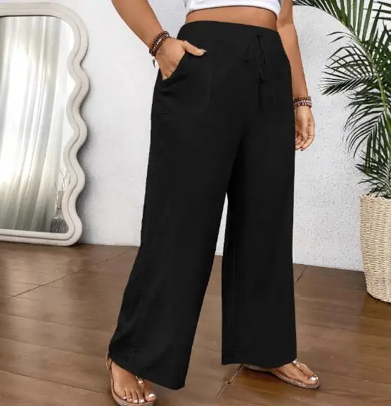 Letnie, luźne spodnie z szerokimi nogawkami w jednolitym kolorze dla kobiet, codzienne spodnie z wysokim stanem, sznurowane, z kieszeniami, w jednolitym kolorze, z szerokimi nogawkami.