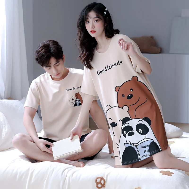 High Quality Couple Pajama Set Summer 100% Cotton Pyjamas Men Short Sleeve Pijamas Women Nightgown Lovers Cute Cartoon Sleepwear