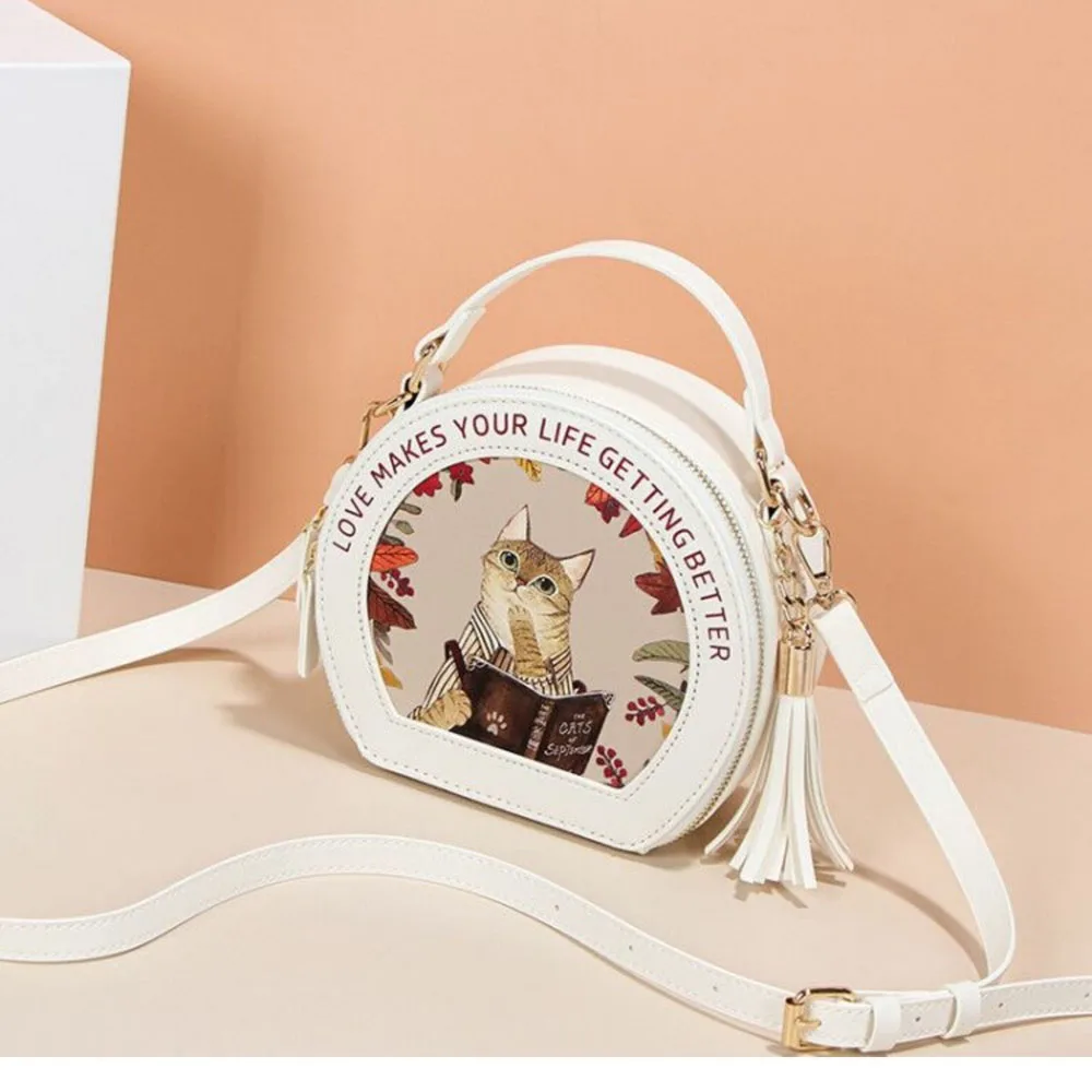 Cute Cat Small Round Bag Ladies Shoulder Bag Crossbody Bag Women's Fashion Butterfly Print Casual HandBag