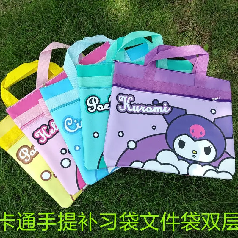 Sanrios Portable Storage Bag Kuromi Hello Kittys Double-Layer Zipper File Bag Cinnamoroll Student Large Capacity A4 Tutoring Bag