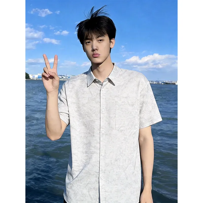 

Men's Faux Linen Short Sleeve Shirt Lightweight Breathable Button Up Casual Drop Shoulder Boxy Tops Summer Basic