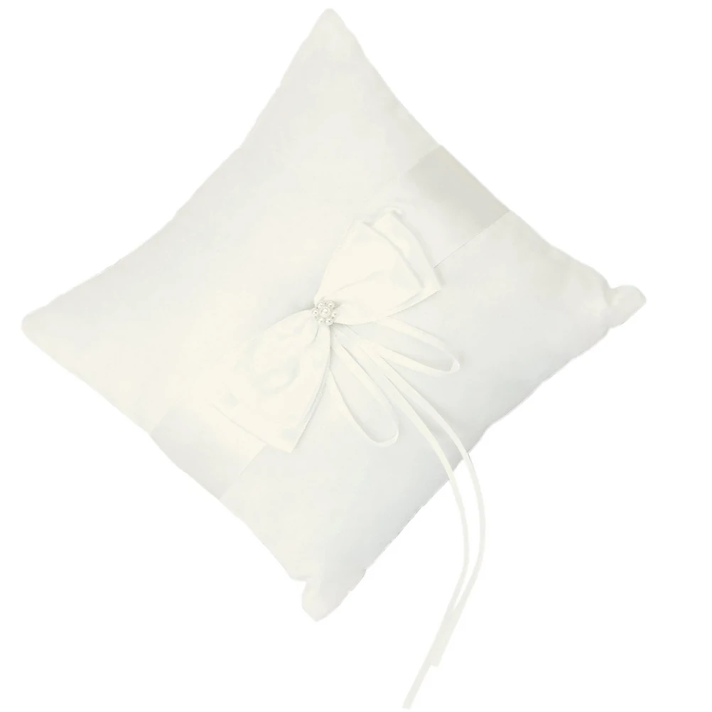 

Ivory 10x10cm Wedding Ring Pillow Satin Ribbons Faux Pearl Bowknot Ceremony Kneeling Decorative Rings Cushion Fits Pocket Party