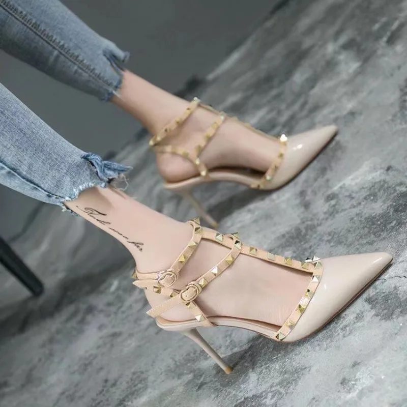 

Shoes for Women 2025 Summer Luxury Punk Metal Rivet High Heels Gladiator Pointed Toe Stiletto Sandals Elegant Sexy Party Shoes