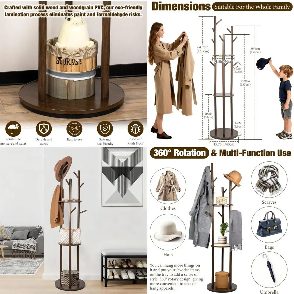 

Напольная деревянная вешалка для одежды с 3 полками и 9 крючками для дома и офиса