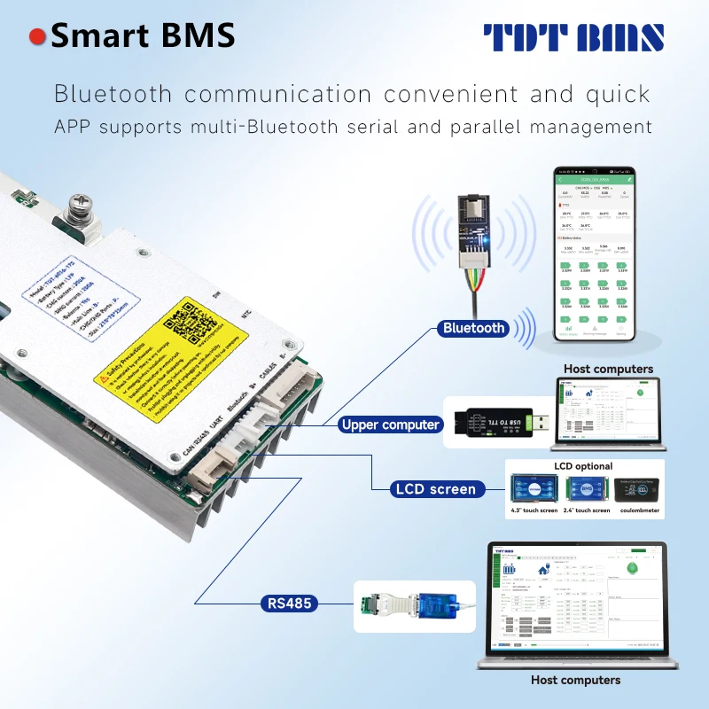 Tdt smart bms liion 3s 4s 12v 7s 8s 24v 12s 13s 16s 48v 50a unterstützung bluetooth rs485 rs232 can & ios app lifepo4 100a 150a 200a