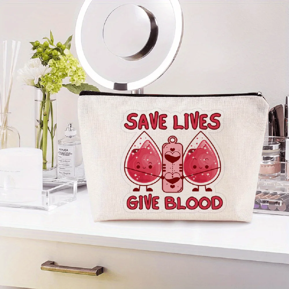 1 Piece Blood Donation Logo Makeup Bag - Multifunctional Zipper Bag for Women, Perfect Travel Zipper Storage Bag, Fun Birthday Gift
