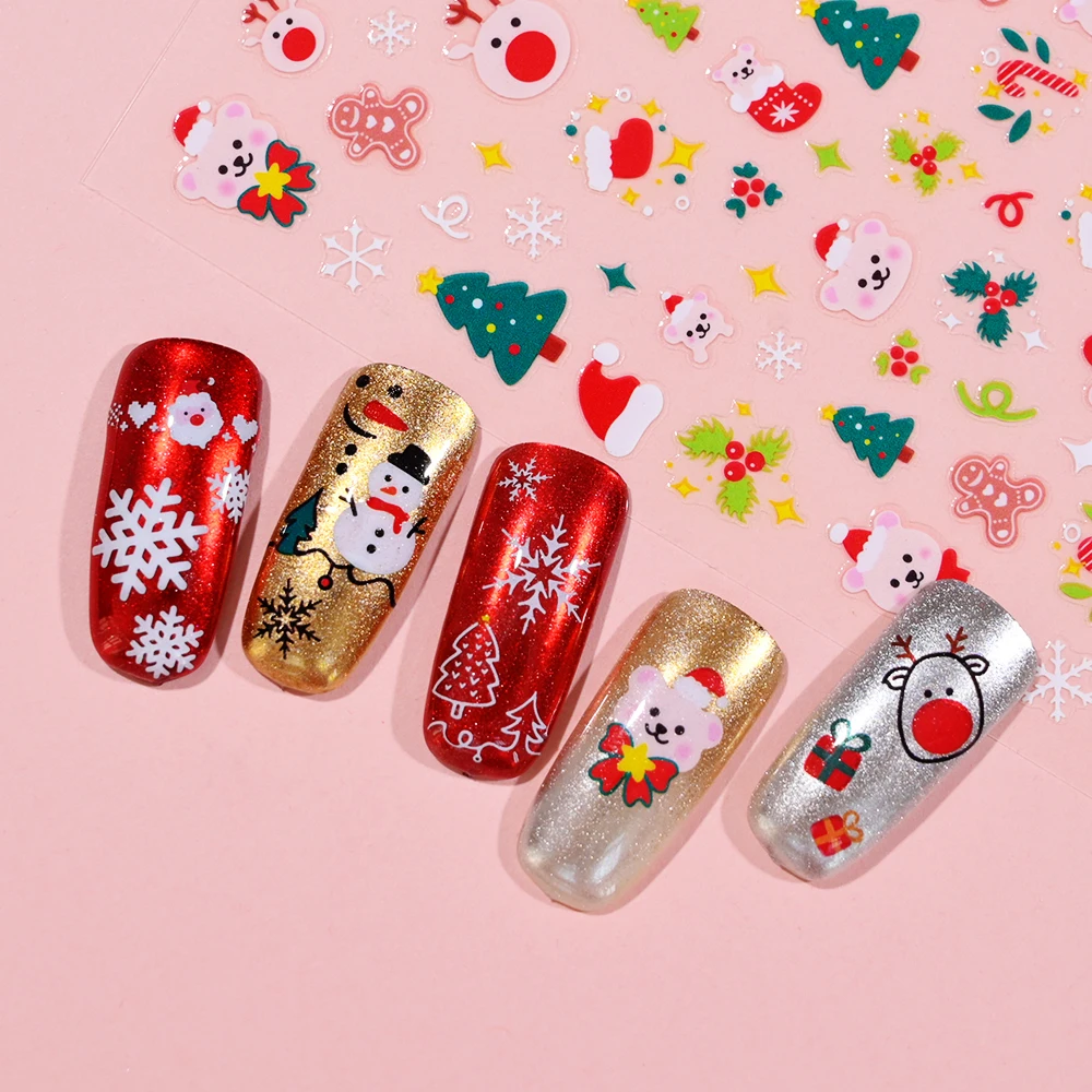 1 folha 3d série de natal adesivos de manicure de unhas 2025 atmosfera noel bonito floco de neve/boneco de neve/alce decalques de arte de unhas decoração de natal