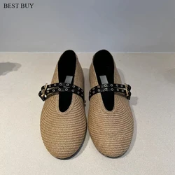 2024 Hand Knitting Buckle Strap Women Ballet Flats Shoes Solid Color Casual Women Mary Janes Shoes Breathable Round Toe Loafers