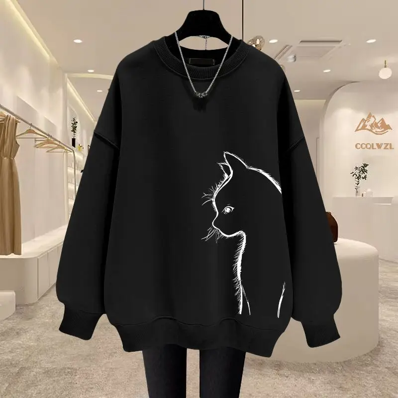 Oversized Black Print Hoodies Sweatshirts Spring Autumn New Long Sleeve O-Neck Loose Pullovers Tops Casual Fashion Women Clothes