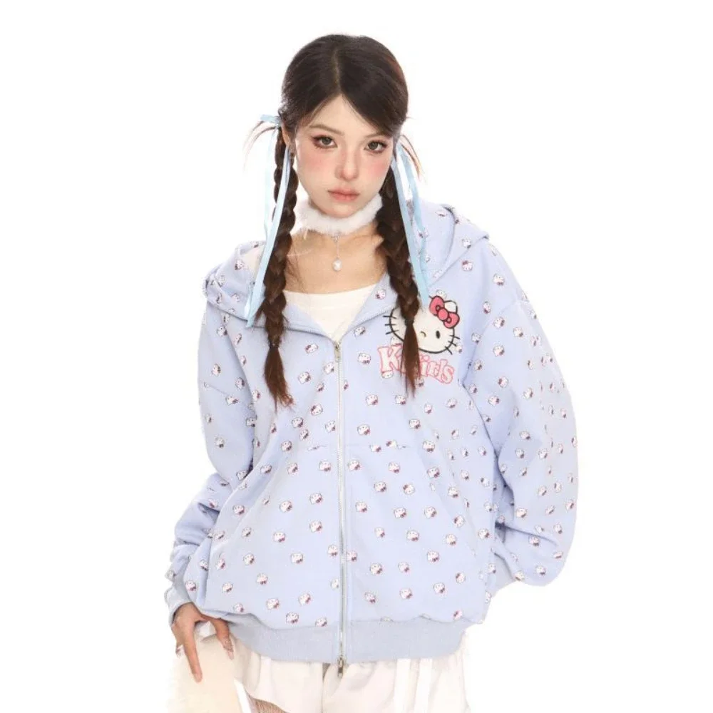 Miniso Hello Kitty Coat Y2k Women's Sweet Printed Cat Ear Hoodie Autumn Winter Cute Girl Zipper Cardigan Autumn New Loose Jacket