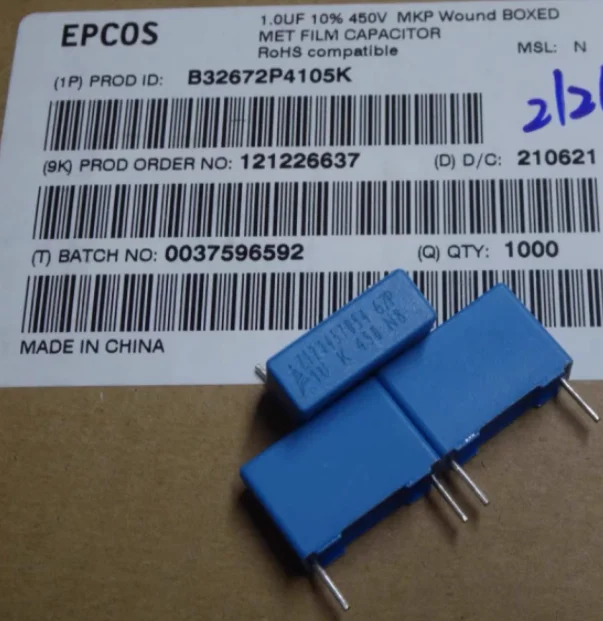 10PCS NEW EPCOS B32672P4105K 1UF 450V PCM15 film capacitor B32672 105/450v p15mm MKP 1uf 1u0 105 450VDC 1.0uf/450v