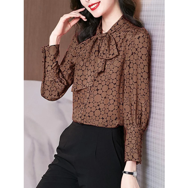 Women\'s Korean Fashion Dot Print Bow Lace Up Shirt Office Lady Vintage Elegant Commute Blouse Chic Long Sleeve Loose Tops Blusas