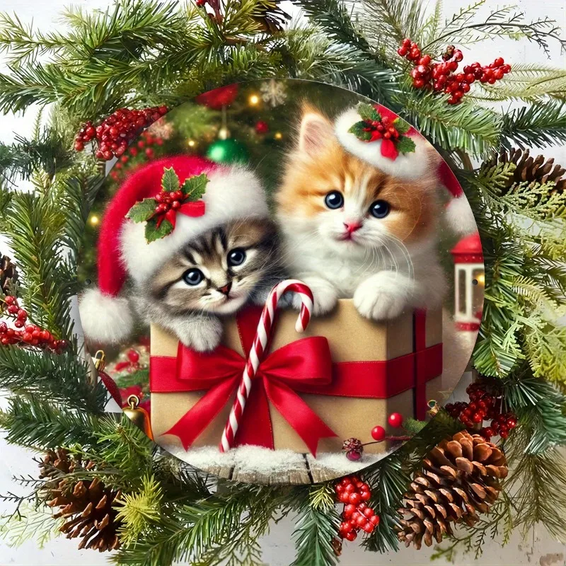 Festliches 20 x 20 cm großes Metallschild „Weihnachtskätzchen“ in Geschenkbox – perfekt für Zuhause, Büro oder Urlaubsdekoration