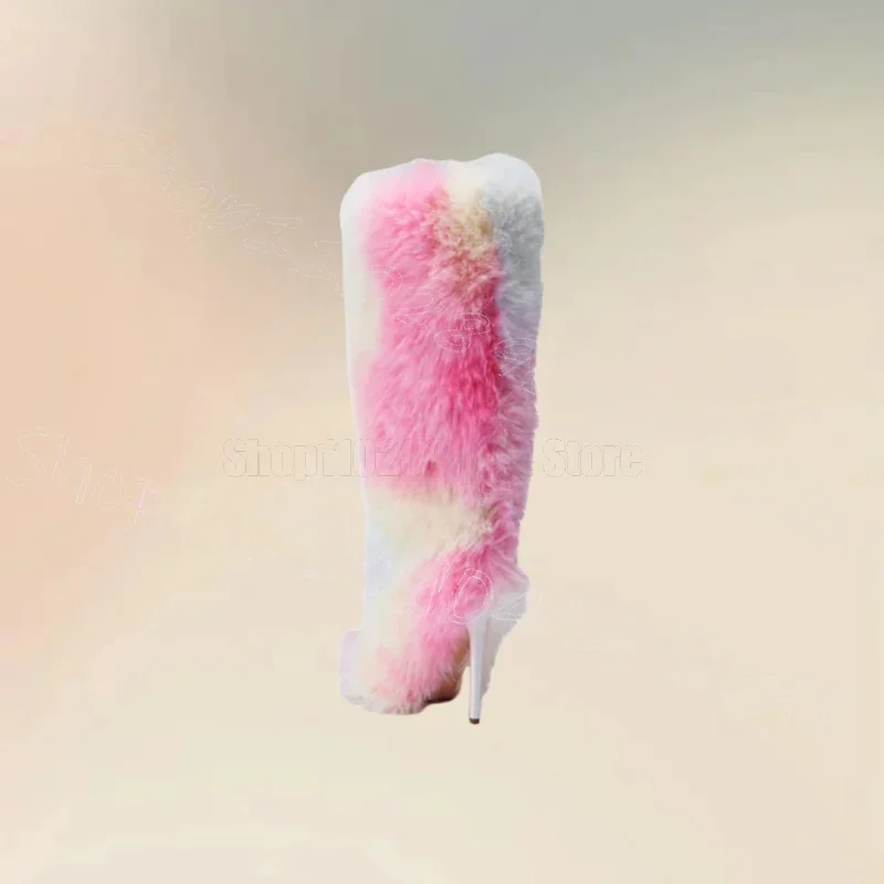 

Colorful Splicing Fur Design Pointed Toe Boots Slip On Women Shoes Thin High Heels Party Banquet Dating 2026 Zapatos Para Mujere