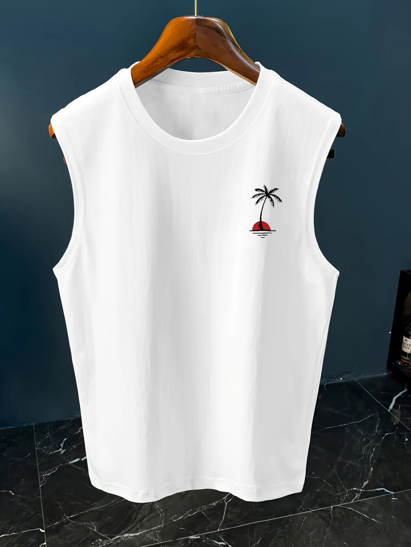 Men's Summer Leisure Sports Fitness Loose Coconut Tree Pattern Printed Comfortable Breathable Round Neck Sleeveless Tank Top