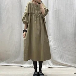 100% Cotton Shirts Dress Vintage Casual Solid Lantern Sleeve Loose O-neck Korean Style Mid-calf Summer Dress for Women Clothing