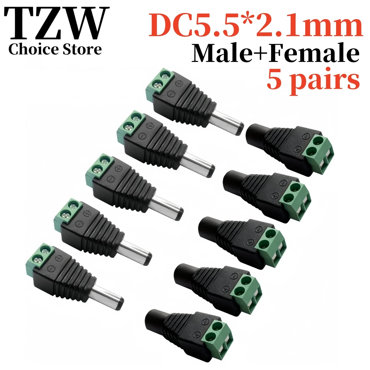 5pairs Female and Male DC Connectors 5.5x2.1mm Power Plug Adapter Jacks Sockets Connector For Single Color LED Strip CCTV Camera