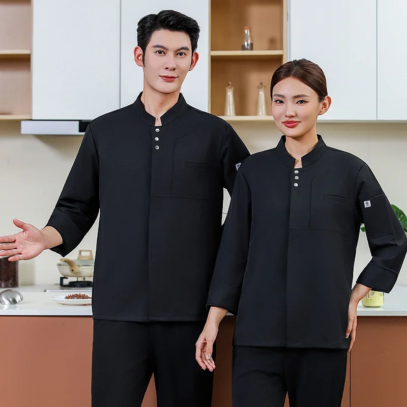 

Single row three silver buttons chef workwear long sleeve plus size hotel kitchen work uniform chef jacket
