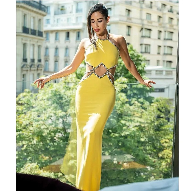 STOCK New Arrival Lemon Yellow Sexy Hollow Out Sparkling Diamonds Ankle Length Bandage Dress Elegant Woman Evening Party Outfit