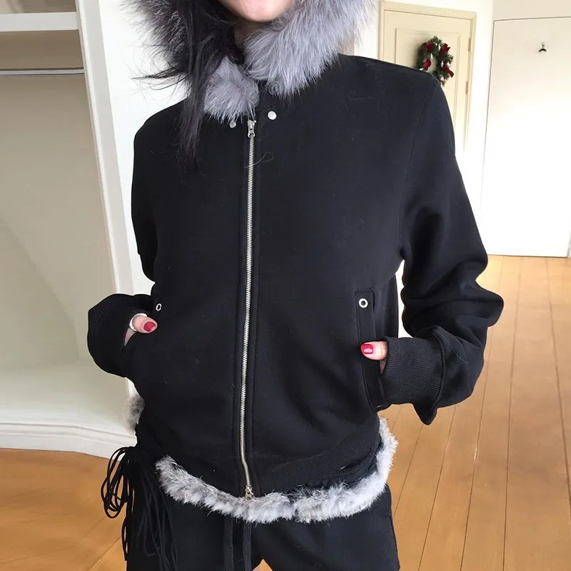 Karrram Japanese Y2k Fur Coat Women Vintage Korean Style Black Hooded Jacket Grunge Aesthetics Fur Collar Zipper Coat Thin 00s