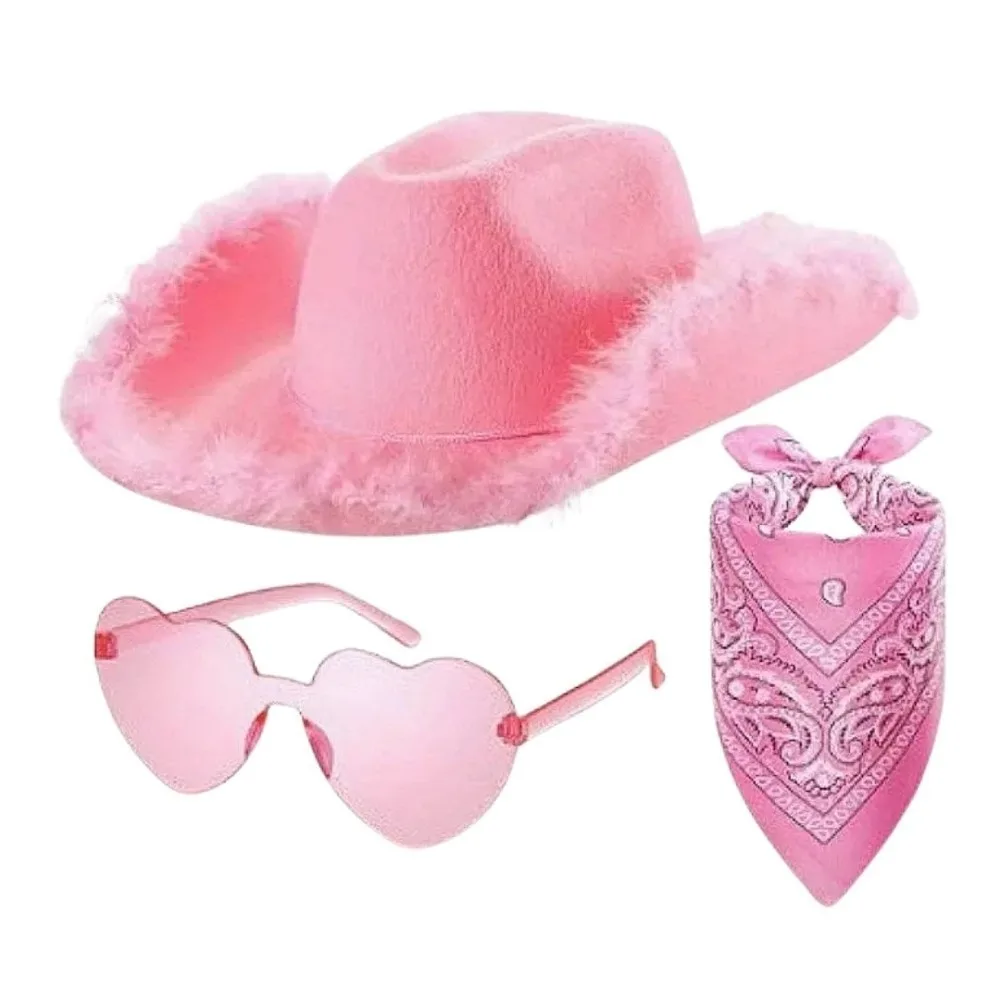 Acrylic Fibers Cowboy Hat Pink Fuzzy Edge Bandana Heart-Shaped Glasses Paisley Scarf Fluffy Trim