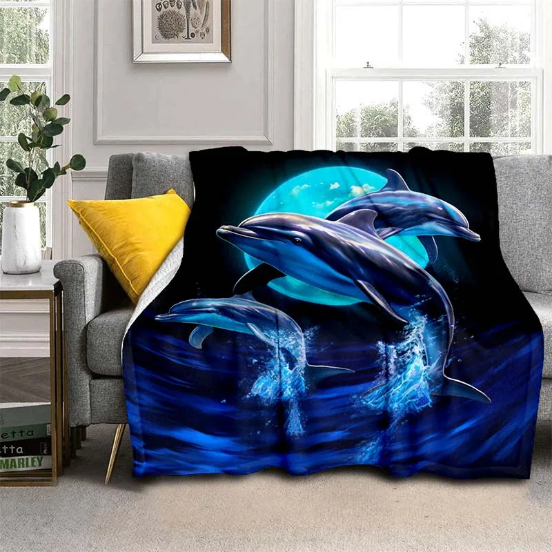 Jumping Dolphins Ocean Print Throw Blanket - Cute Marine Motif Soft Lightweight Accent for Sofa Bed Travel Office